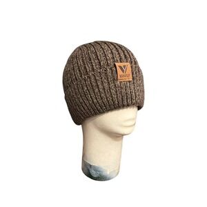 VGOGFLY Brown Ribbed Knit Beanie Faux Fur Lined Winter Hat Cuffed Patch